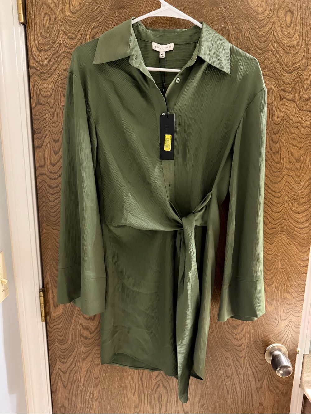 Tie-Waist Long Sleeve Shirt Dress in Olive Green - Unknown Brand
